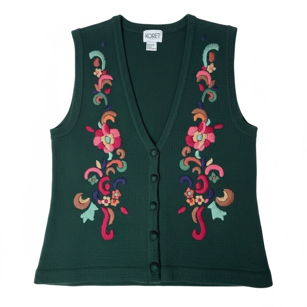 Koret Wool Sweater Vest Medium Hunter Green Pink Floral Buttons Preppy GannyCore